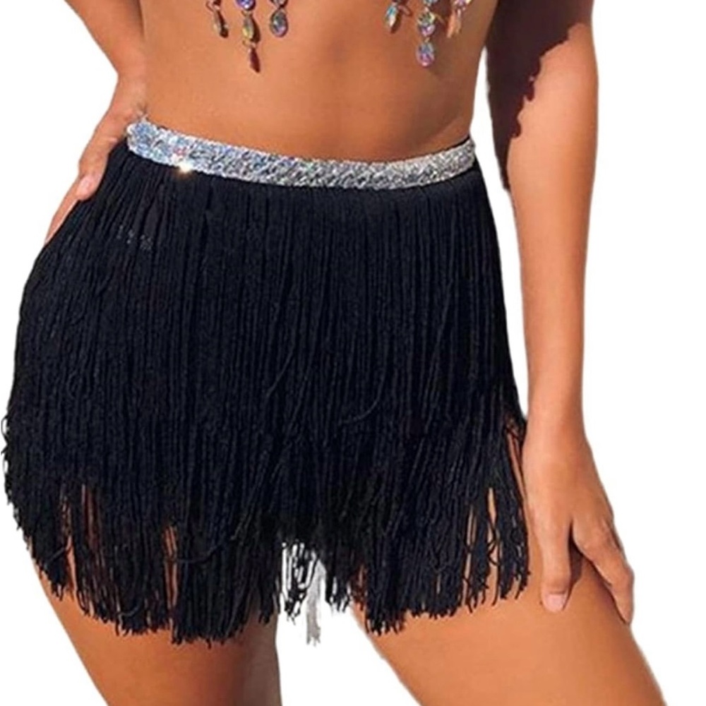 Women’s Belly Dance Hip Tassel Scarf Belt Tribal Fringe Festival Black One Size